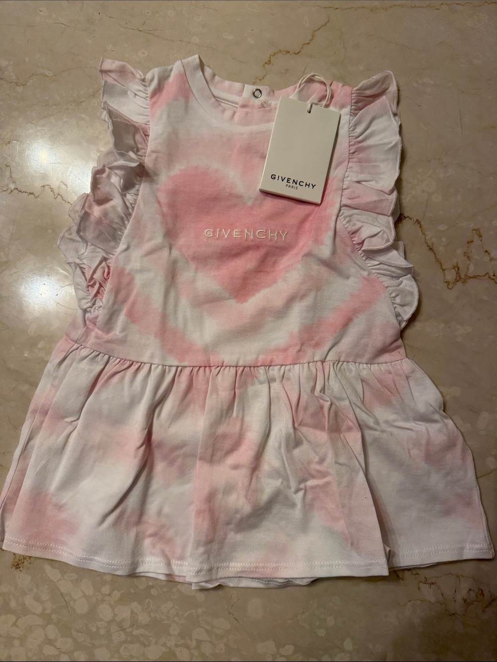 Givenchy White and Pink Tie-Dye Ruffle Sleeve Dress with Heart Motif